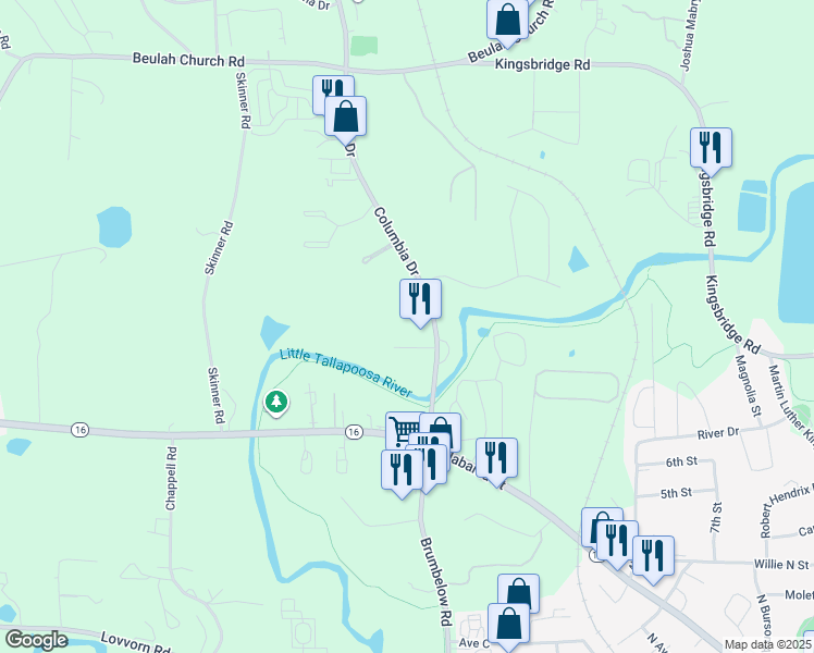 map of restaurants, bars, coffee shops, grocery stores, and more near 108 Columbia Way in Carrollton