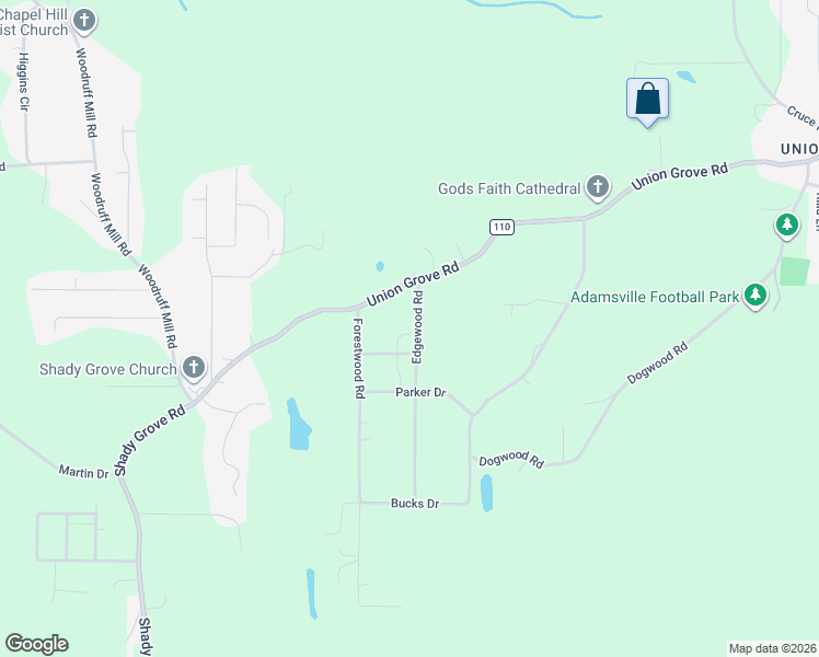 map of restaurants, bars, coffee shops, grocery stores, and more near 1419 Union Grove Road in Adamsville