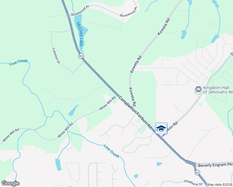 map of restaurants, bars, coffee shops, grocery stores, and more near 5990 Highway 92 in Fairburn