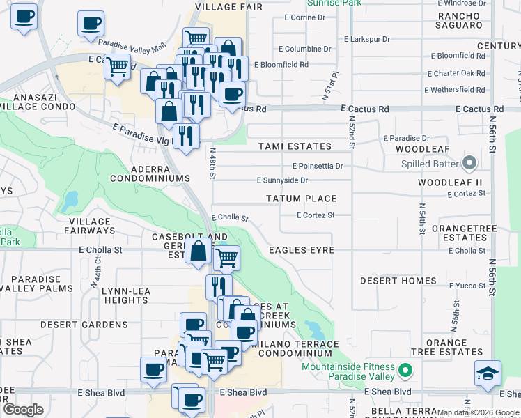 map of restaurants, bars, coffee shops, grocery stores, and more near 4919 East Altadena Avenue in Scottsdale
