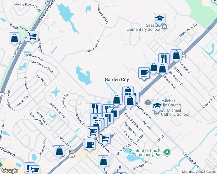 map of restaurants, bars, coffee shops, grocery stores, and more near 751 Garden Lake Drive in Murrells Inlet