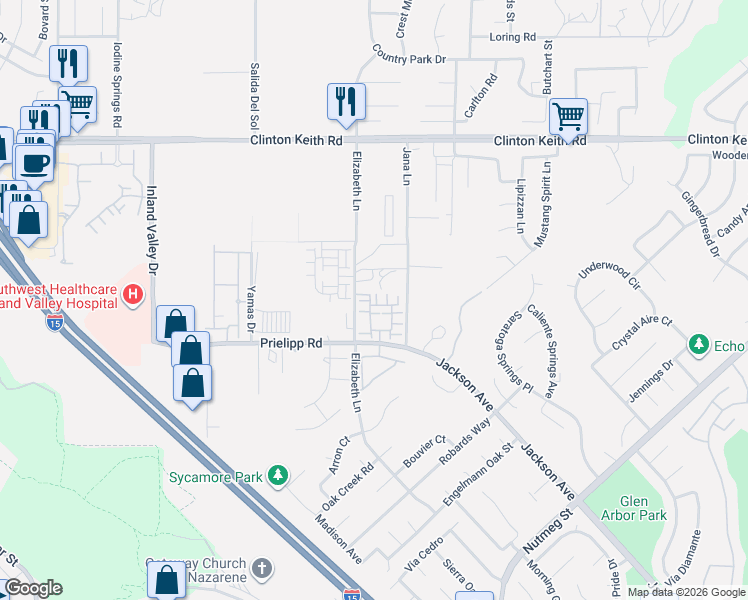 map of restaurants, bars, coffee shops, grocery stores, and more near 36355 Jana Lane in Wildomar