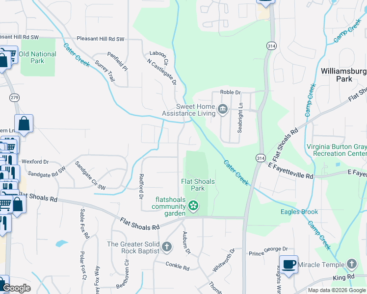 map of restaurants, bars, coffee shops, grocery stores, and more near 5963 North Castlegate Drive in Atlanta