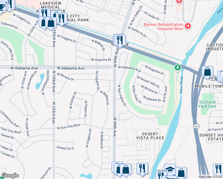 map of restaurants, bars, coffee shops, grocery stores, and more near 11847 North Mission Drive in Sun City