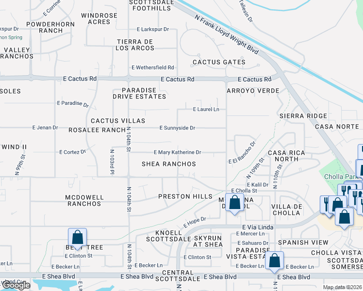 map of restaurants, bars, coffee shops, grocery stores, and more near 11635 North 106th Street in Scottsdale