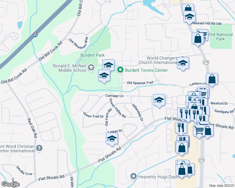 map of restaurants, bars, coffee shops, grocery stores, and more near 2801 Carriage Lane in Atlanta