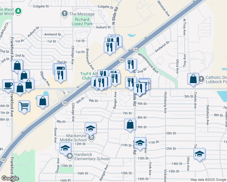 map of restaurants, bars, coffee shops, grocery stores, and more near 402 Bangor Avenue in Lubbock