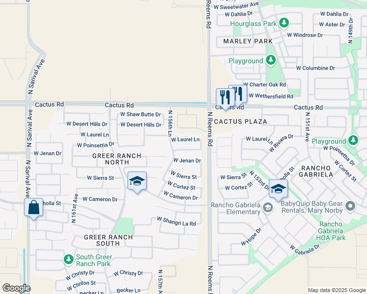 map of restaurants, bars, coffee shops, grocery stores, and more near 15657 West Laurel Lane in Surprise