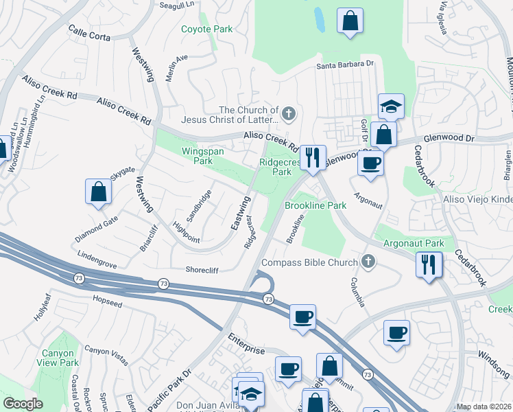 map of restaurants, bars, coffee shops, grocery stores, and more near 8 Ridgecrest in Aliso Viejo