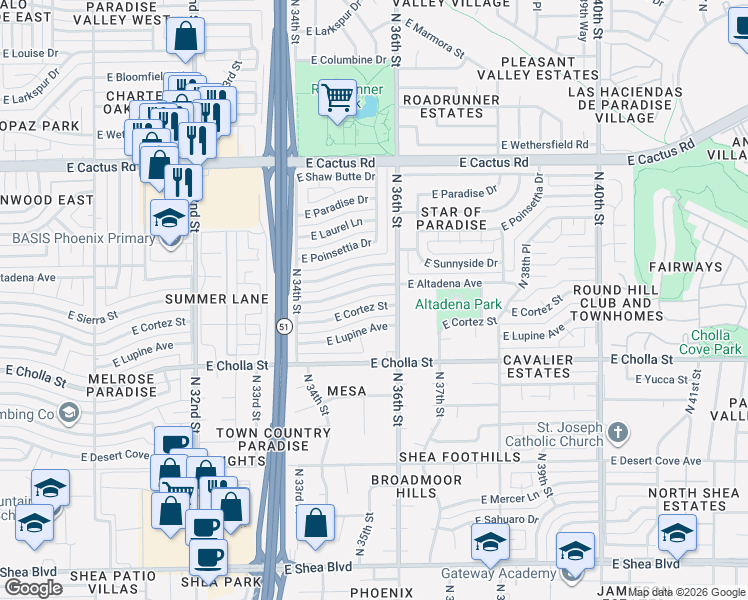 map of restaurants, bars, coffee shops, grocery stores, and more near 3541 East Altadena Avenue in Phoenix
