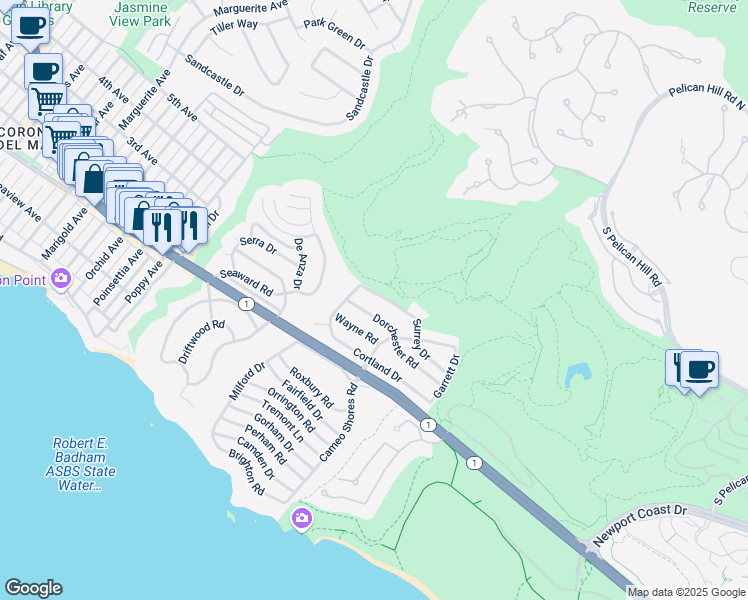 map of restaurants, bars, coffee shops, grocery stores, and more near 4515 Surrey Drive in Newport Beach