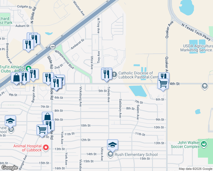 map of restaurants, bars, coffee shops, grocery stores, and more near 4700-4704 4th Street in Lubbock