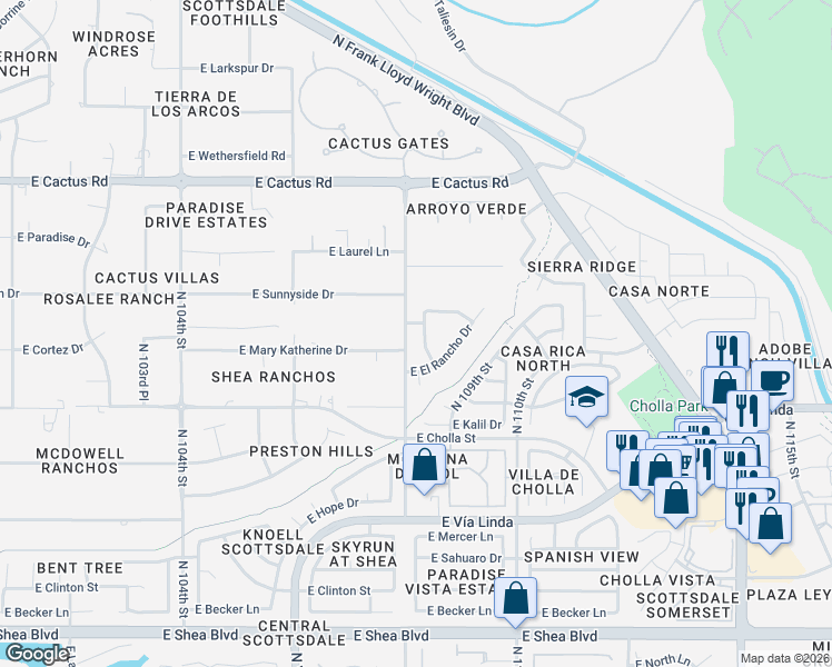 map of restaurants, bars, coffee shops, grocery stores, and more near 11750 North 108th Way in Scottsdale