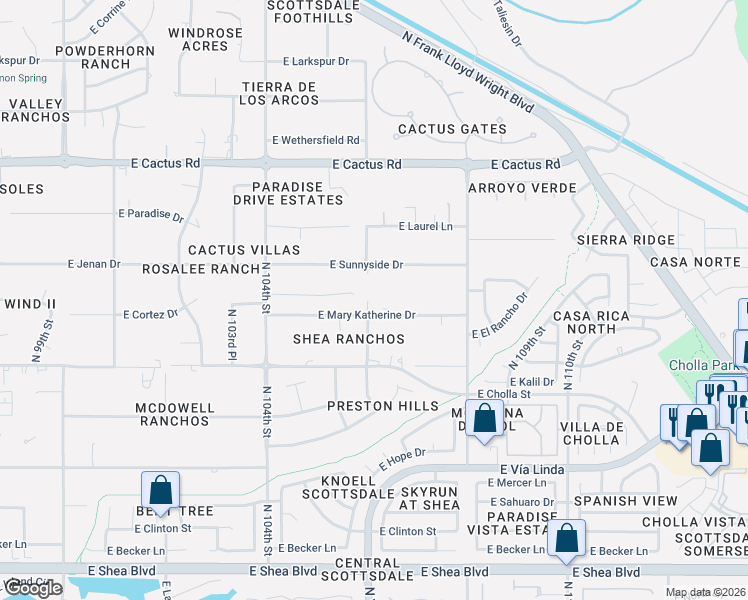 map of restaurants, bars, coffee shops, grocery stores, and more near 11635 North 106th Street in Scottsdale