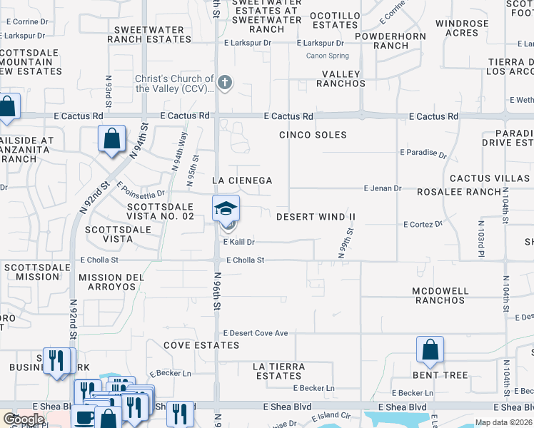 map of restaurants, bars, coffee shops, grocery stores, and more near 9681 East Poinsettia Drive in Scottsdale