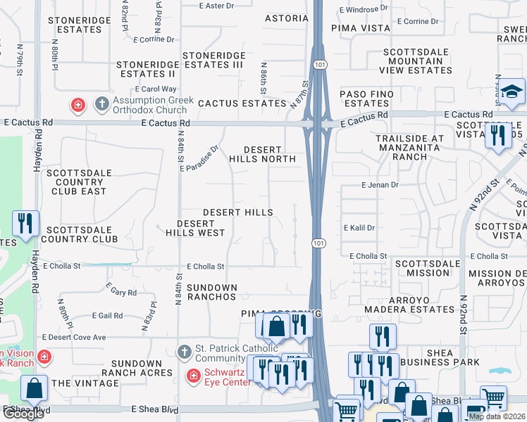 map of restaurants, bars, coffee shops, grocery stores, and more near 8560 East Cortez Street in Scottsdale