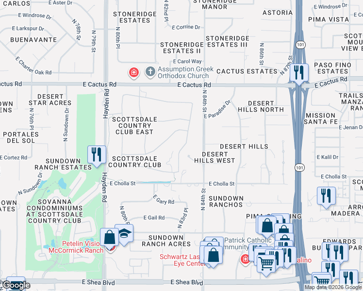 map of restaurants, bars, coffee shops, grocery stores, and more near 11774 North 83rd Place in Scottsdale