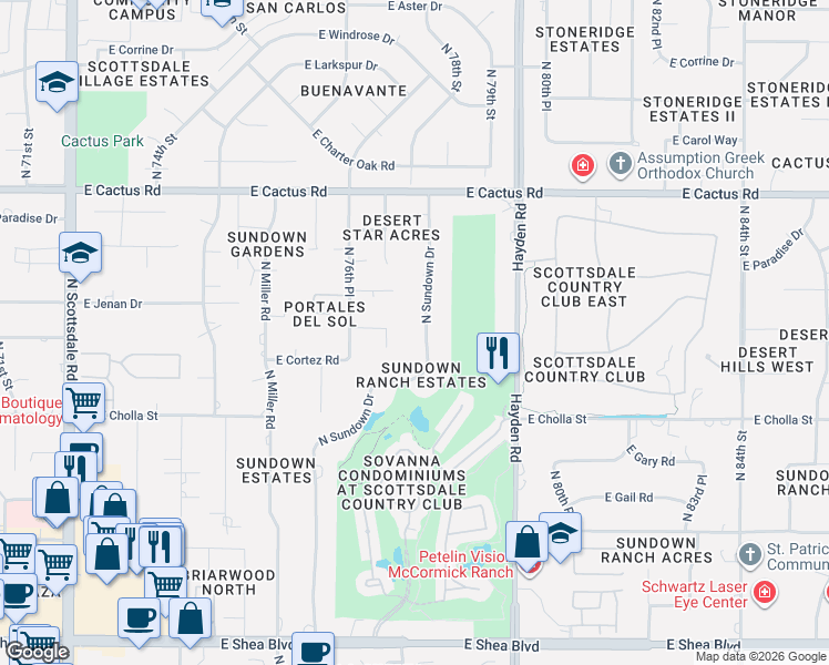 map of restaurants, bars, coffee shops, grocery stores, and more near 11801 North Sundown Drive in Scottsdale