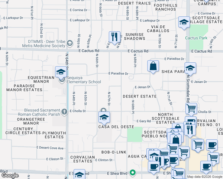 map of restaurants, bars, coffee shops, grocery stores, and more near 6700 East Jenan Drive in Scottsdale