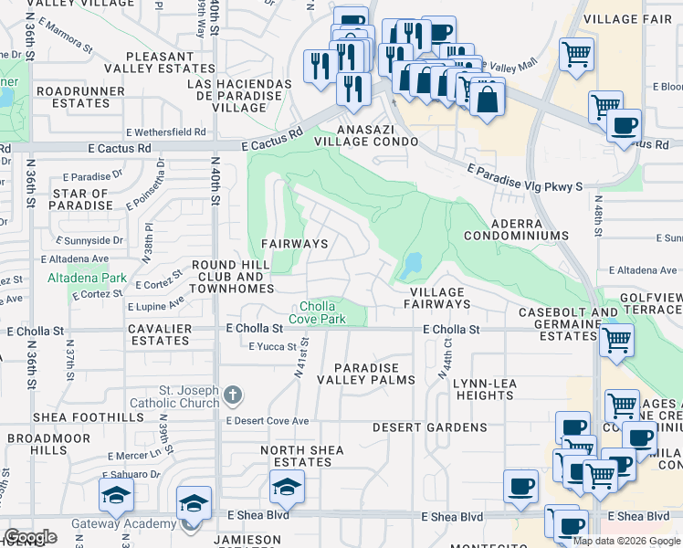 map of restaurants, bars, coffee shops, grocery stores, and more near 4135 East Altadena Avenue in Phoenix