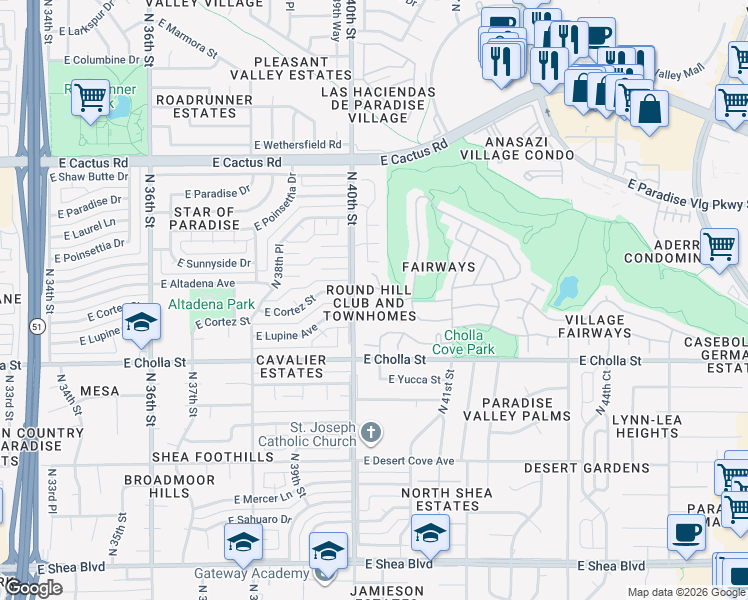 map of restaurants, bars, coffee shops, grocery stores, and more near 11627 North 40th Way in Phoenix