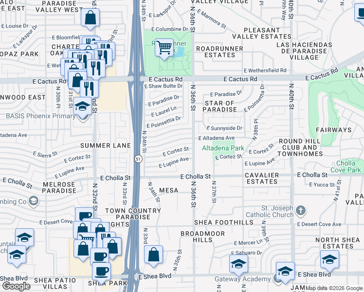 map of restaurants, bars, coffee shops, grocery stores, and more near 3541 East Altadena Avenue in Phoenix
