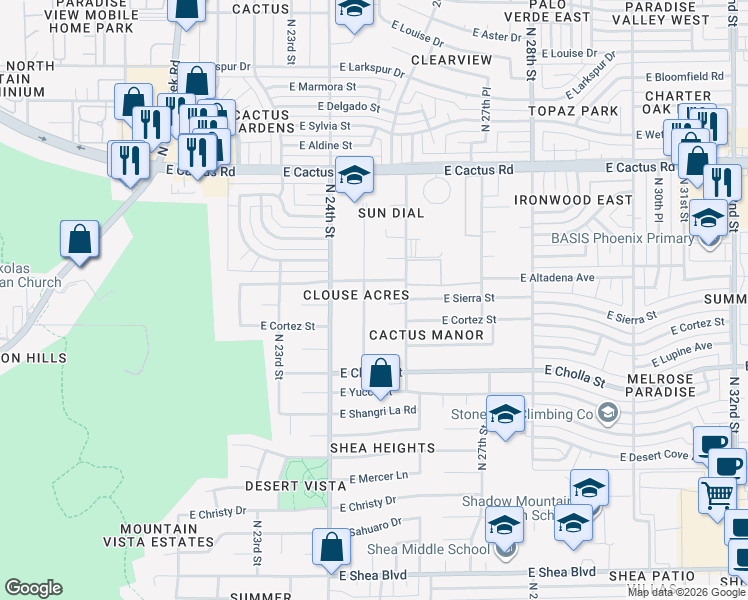 map of restaurants, bars, coffee shops, grocery stores, and more near 11621 North Bancroft Drive in Phoenix