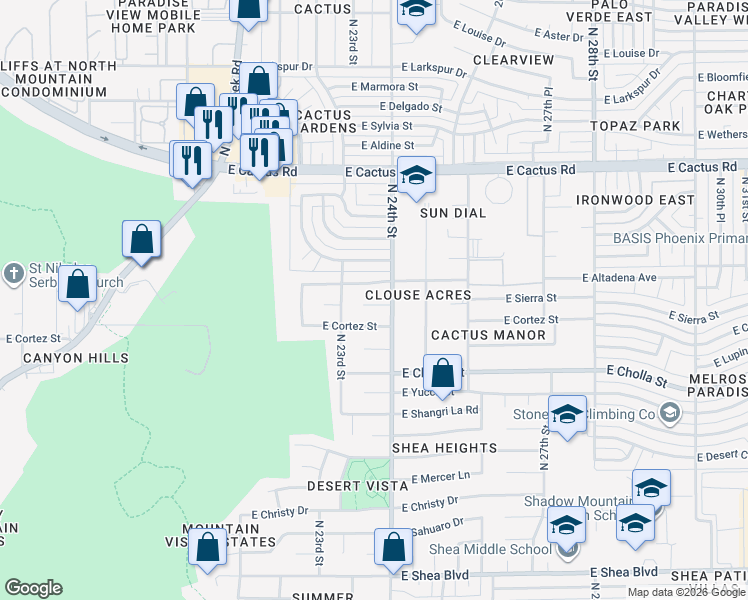 map of restaurants, bars, coffee shops, grocery stores, and more near 2315 East Sunnyside Drive in Phoenix