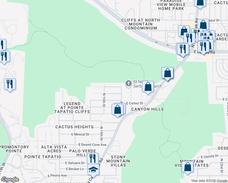 map of restaurants, bars, coffee shops, grocery stores, and more near 1537 East Sunnyside Drive in Phoenix