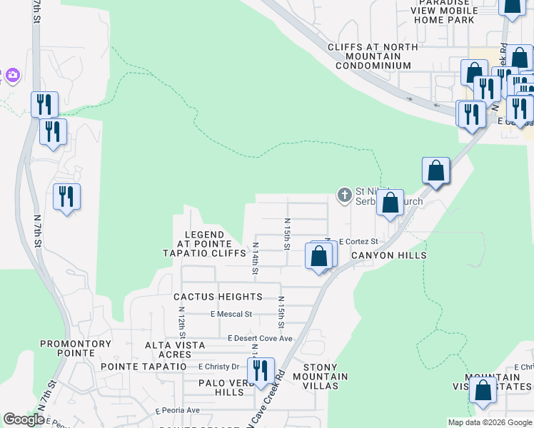 map of restaurants, bars, coffee shops, grocery stores, and more near 1413 East Sunnyside Drive in Phoenix