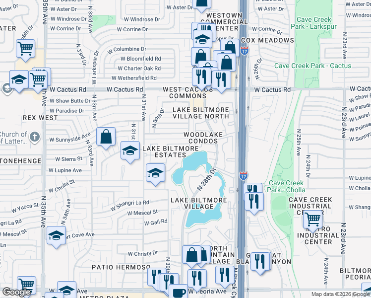 map of restaurants, bars, coffee shops, grocery stores, and more near 2910 West Altadena Avenue in Phoenix