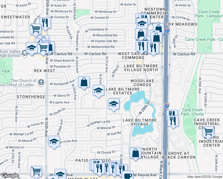 map of restaurants, bars, coffee shops, grocery stores, and more near 11620 North 30th Lane in Phoenix