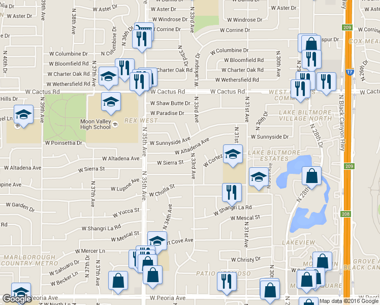 map of restaurants, bars, coffee shops, grocery stores, and more near 3233 West Altadena Avenue in Phoenix