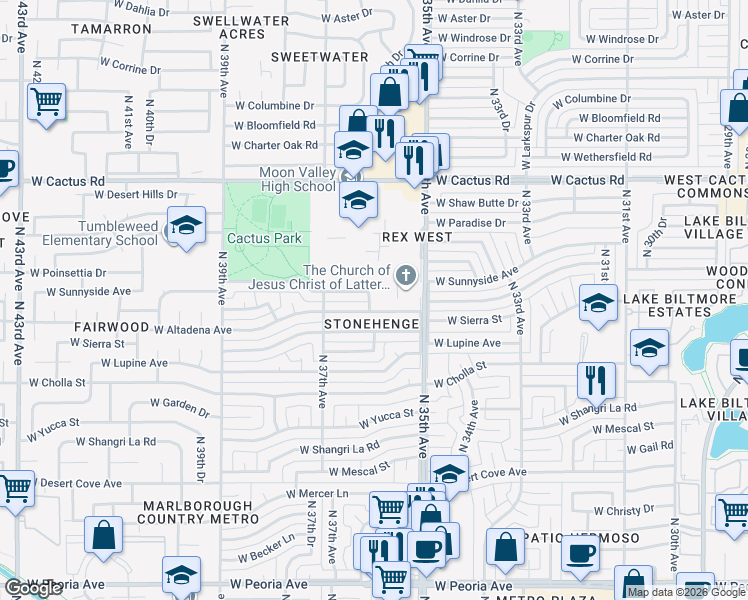map of restaurants, bars, coffee shops, grocery stores, and more near 11650 North 35th Avenue in Phoenix