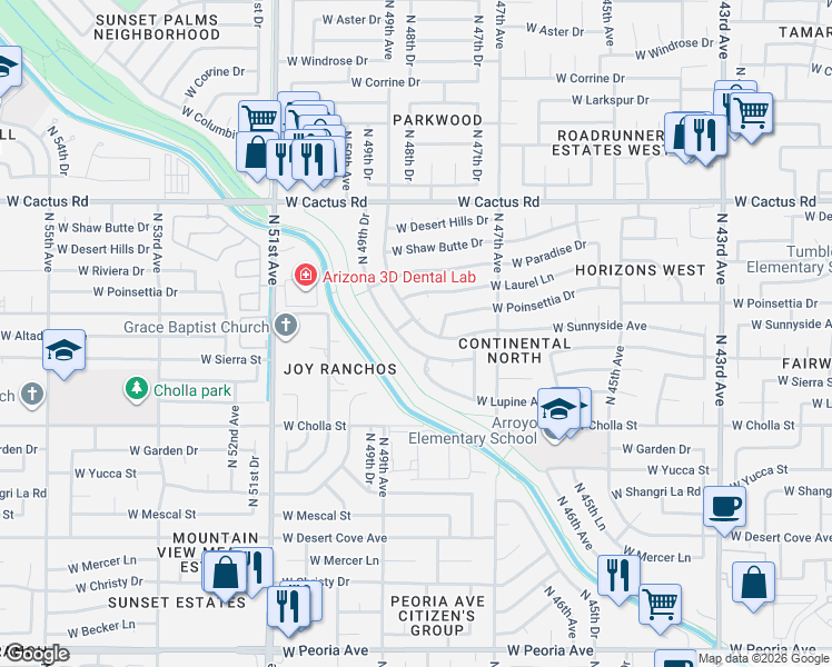 map of restaurants, bars, coffee shops, grocery stores, and more near 11624 North 48th Avenue in Glendale