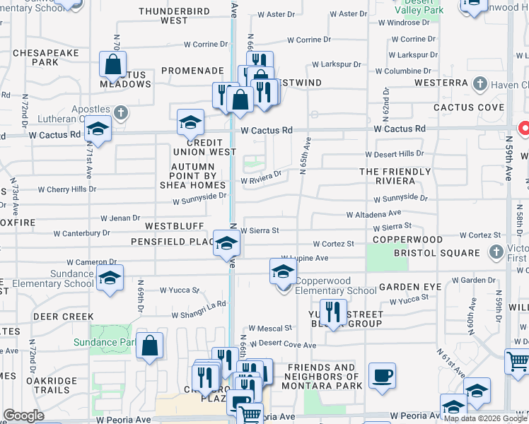 map of restaurants, bars, coffee shops, grocery stores, and more near 6625 West Sunnyside Drive in Glendale