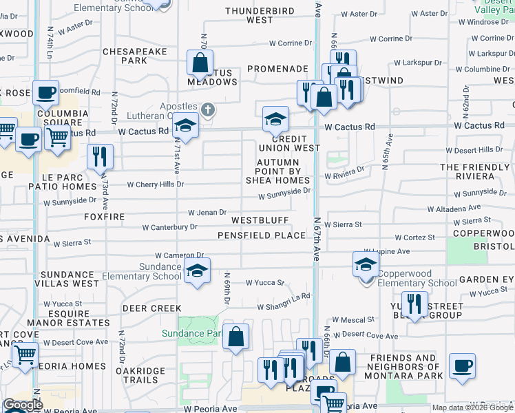 map of restaurants, bars, coffee shops, grocery stores, and more near 6833 West Sunnyside Drive in Peoria