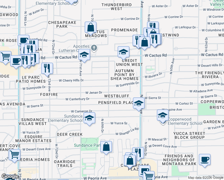 map of restaurants, bars, coffee shops, grocery stores, and more near 6903 West Sunnyside Drive in Peoria