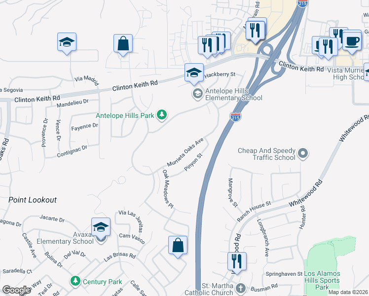 map of restaurants, bars, coffee shops, grocery stores, and more near 27529 Murrieta Oaks Avenue in Murrieta