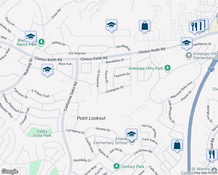 map of restaurants, bars, coffee shops, grocery stores, and more near 26850 Valensole Court in Murrieta