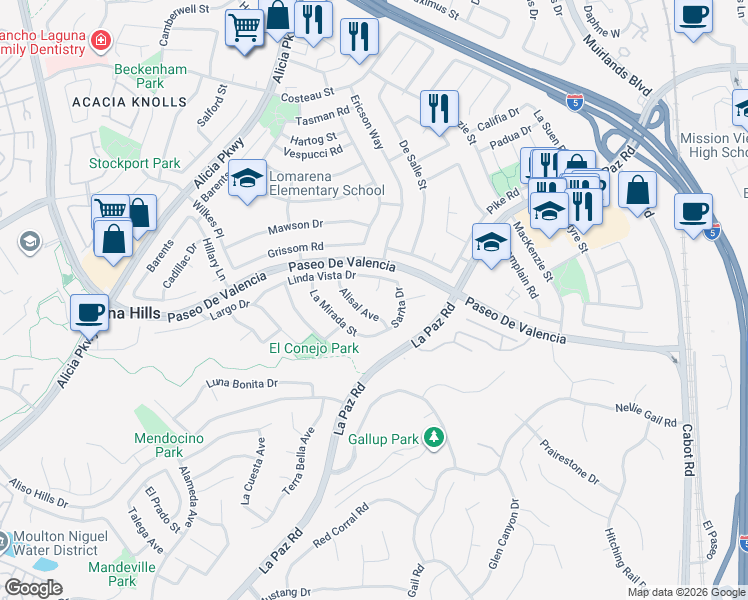 map of restaurants, bars, coffee shops, grocery stores, and more near 25372 Linda Vista Drive in Laguna Hills