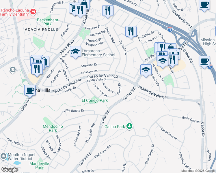 map of restaurants, bars, coffee shops, grocery stores, and more near 25482 Alisal Avenue in Laguna Hills