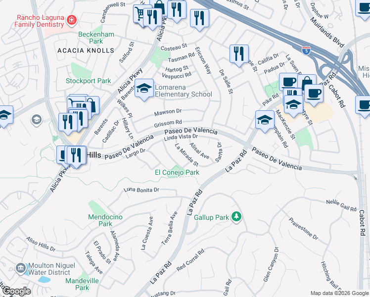 map of restaurants, bars, coffee shops, grocery stores, and more near 25482 La Mirada Street in Laguna Hills