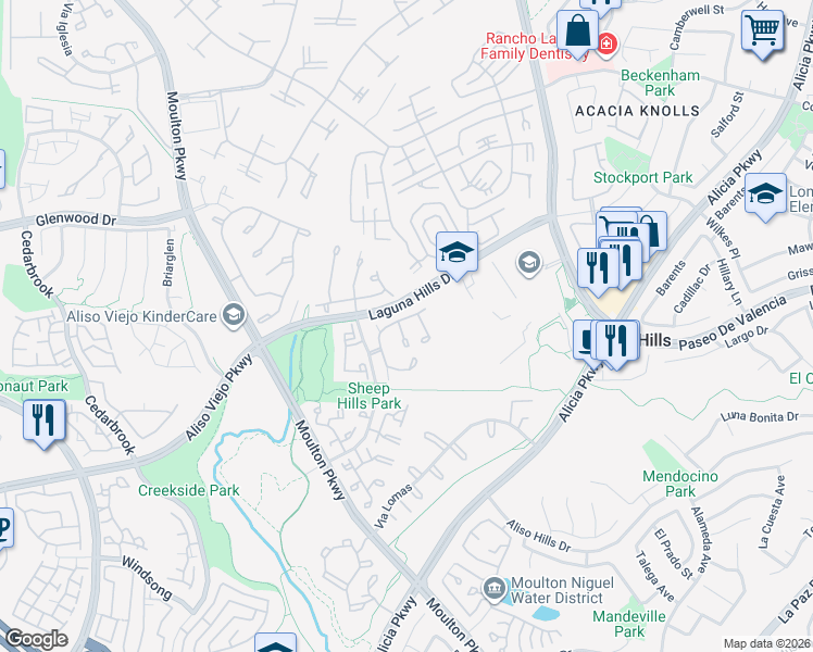 map of restaurants, bars, coffee shops, grocery stores, and more near 2 Melody Hill Lane in Laguna Hills