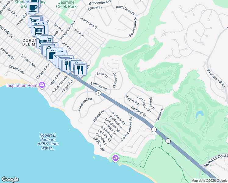map of restaurants, bars, coffee shops, grocery stores, and more near 511 Seaward Road in Newport Beach