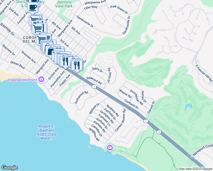 map of restaurants, bars, coffee shops, grocery stores, and more near 511 Seaward Road in Newport Beach