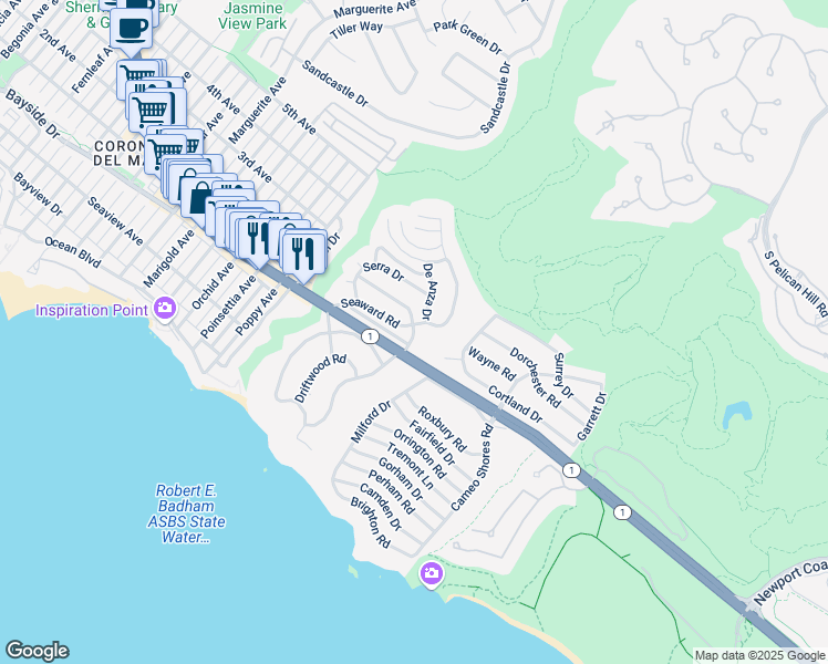 map of restaurants, bars, coffee shops, grocery stores, and more near 461 Seaward Road in Newport Beach