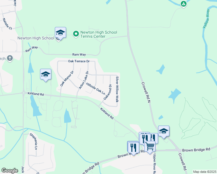 map of restaurants, bars, coffee shops, grocery stores, and more near 115 Oakwood Drive in Covington