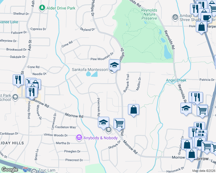 map of restaurants, bars, coffee shops, grocery stores, and more near 1166 Ponderosa Park Drive in Forest Park