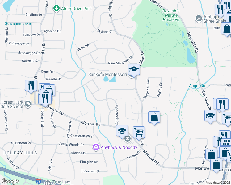 map of restaurants, bars, coffee shops, grocery stores, and more near 1104 Ponderosa Park Drive in Forest Park